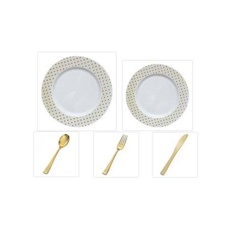White 10.25 inch Dinner Plastic Plates with Gold Dot Border M835