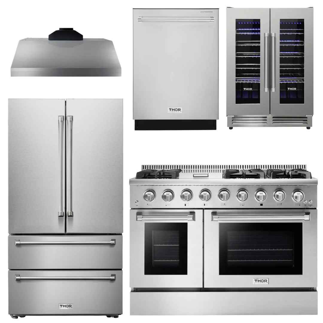 48 In. Propane Gas Range, Range Hood, Refrigerator, Dishwasher, Wine Cooler V402