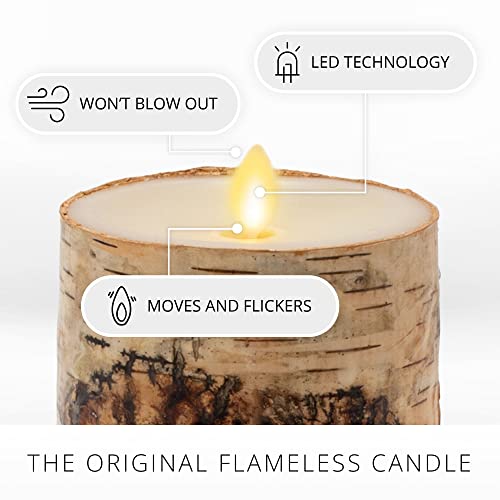 Flameless Candle Pillar with Real Birch Bark Moving Flame LED Battery Operated Lights Unscented (3.5 x 4.5-inch) L6961
