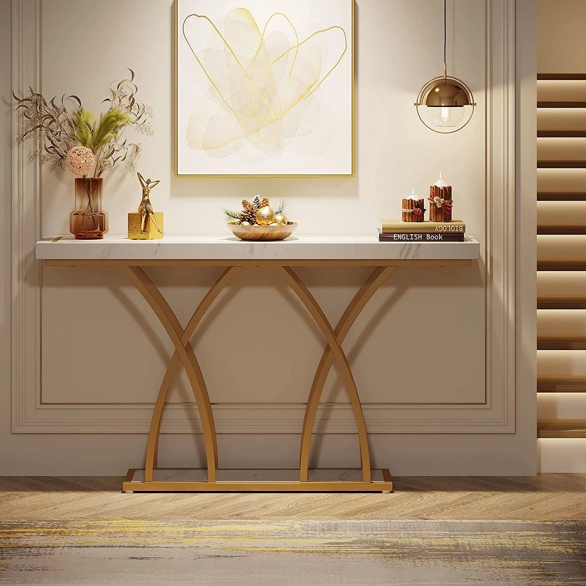 55" Gold Faux Marble Console Table D67493
