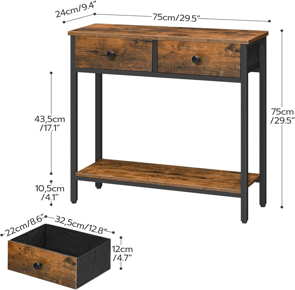 Rustic Brown and Black Narrow Console Table with 2 Fabric Drawers L25570