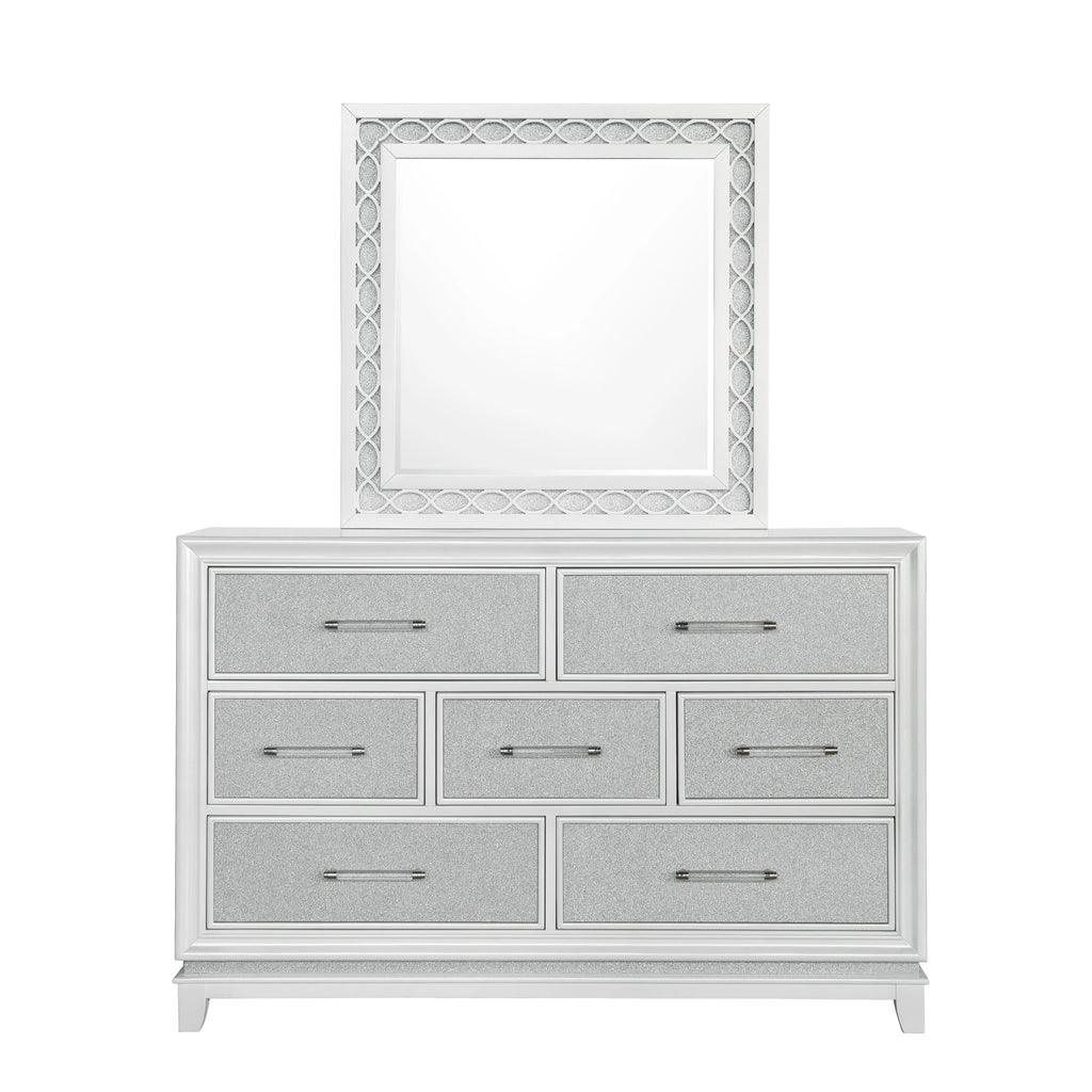 Queen 4-Piece Bedroom Set with LED Lights, Tufted Bed, Dresser, Mirror, and Nightstand in Pearlized White Y60303