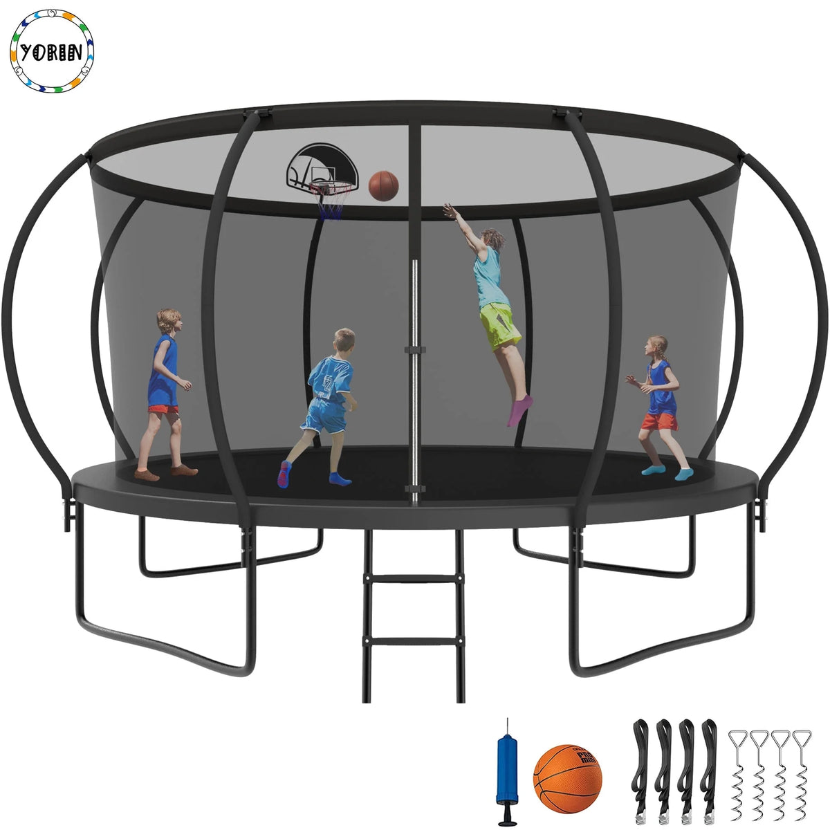 14 FT Trampoline with Enclosure Net, Basketball Hoop, Ladder J871370