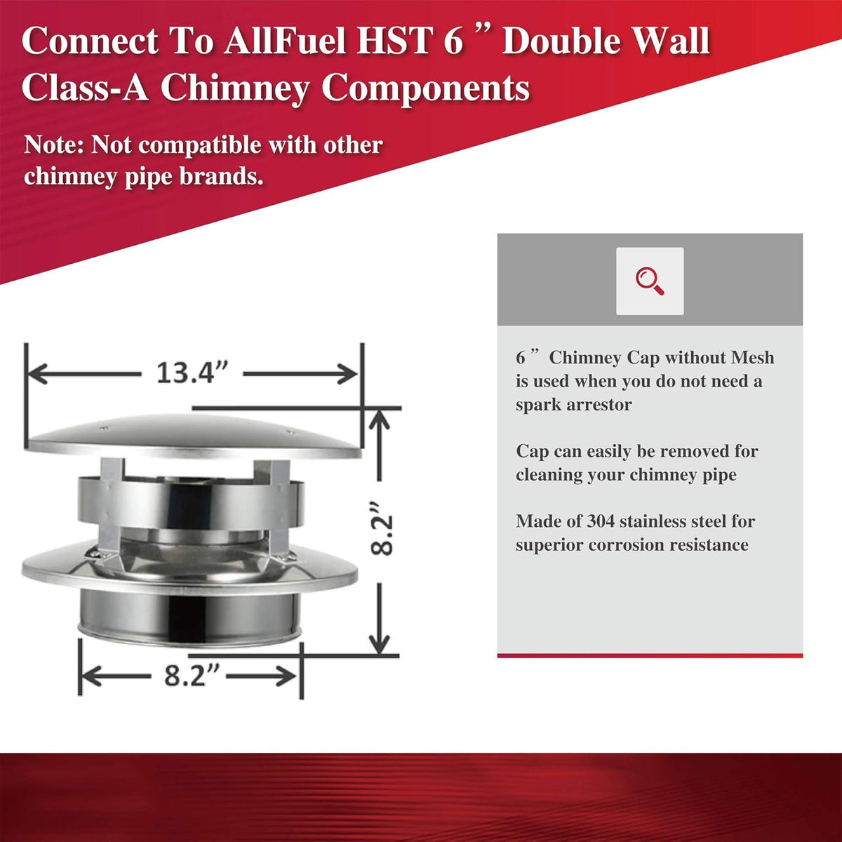 6" 304 Stainless Steel Flat Top Rain Cap for Class-A Double Wall Insulated Chimney Pipe E34440