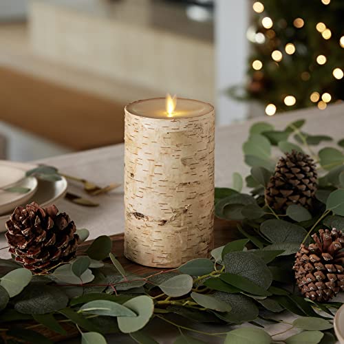Flameless Candle Pillar with Real Birch Bark Moving Flame LED Battery Operated Lights Unscented (3.5 x 4.5-inch) L6961