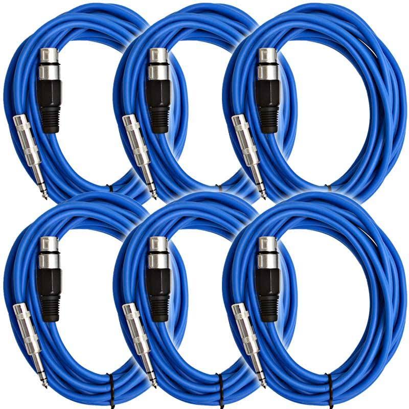 6 Pack 25 ft XLR Female to 1/4 TRS Patch Cable Snake Cords Blue H9514