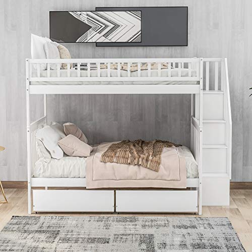 White Full Over Full Wood Bunk Bed with Trundle and Stairs F34548