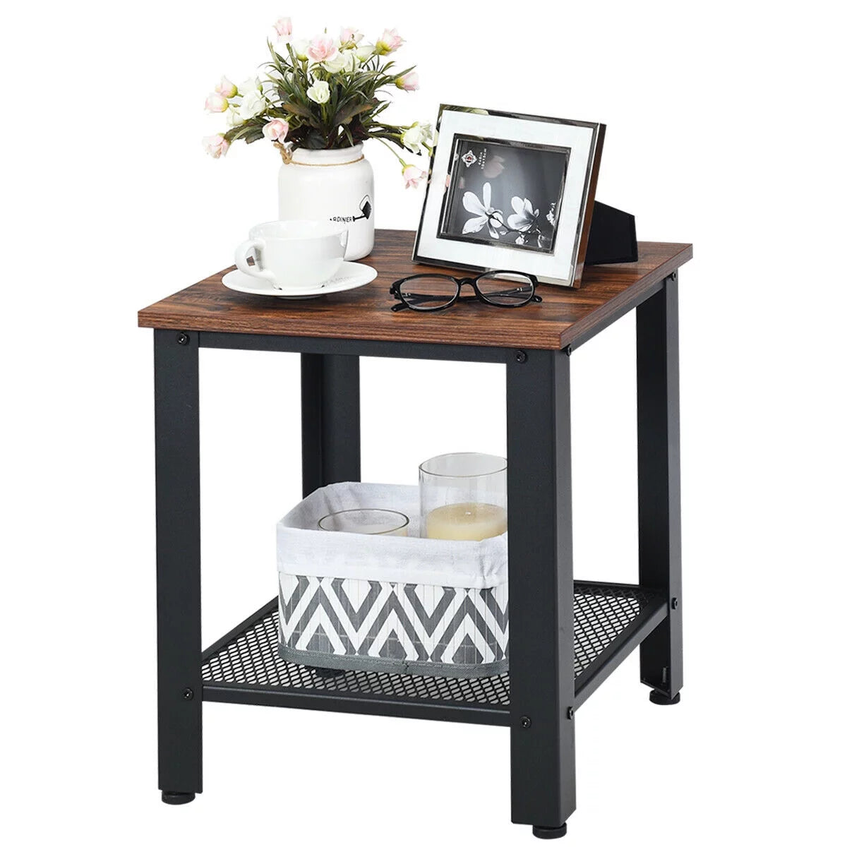 Black 2-Tier Side Table with Storage Shelf V7766