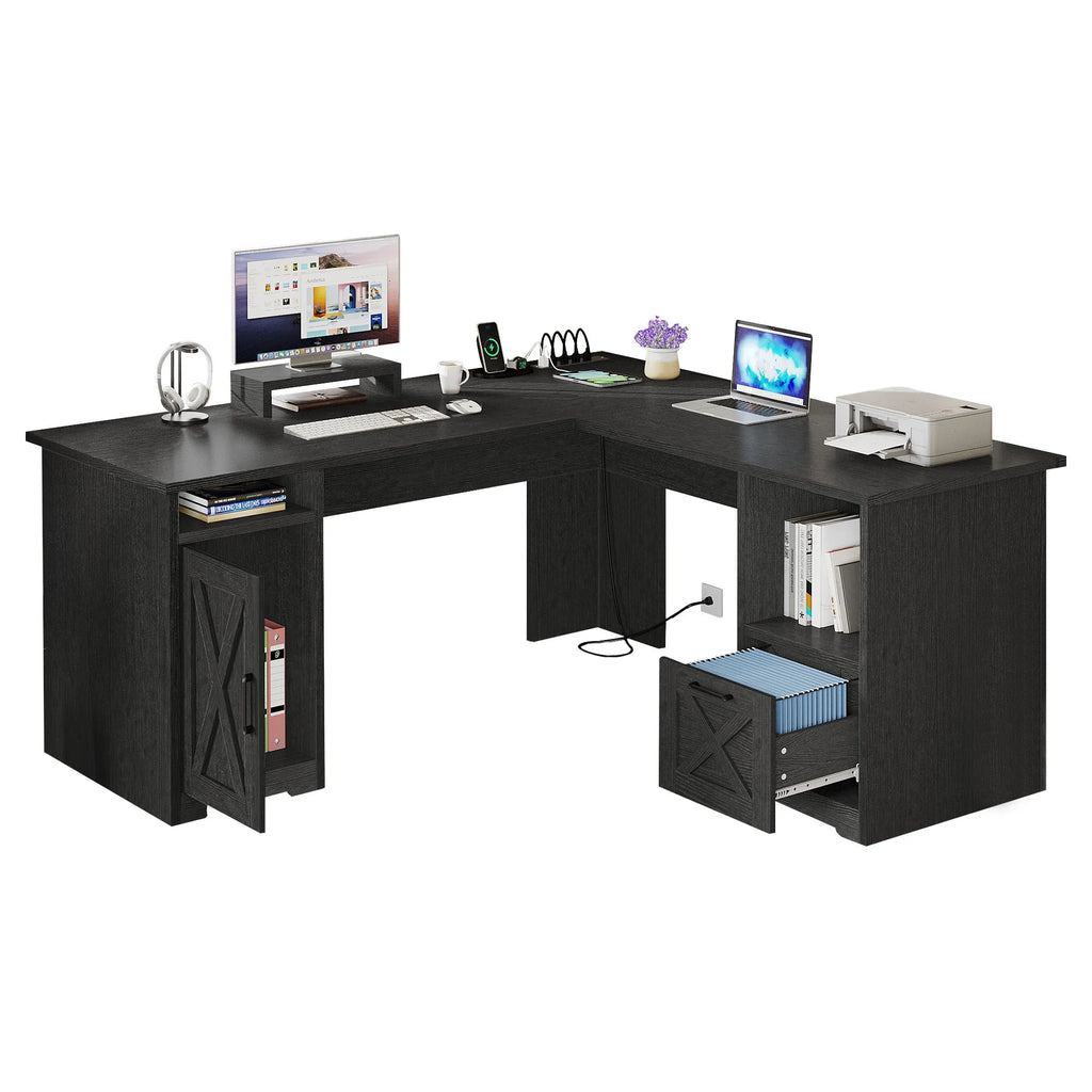 Black L-Shaped Desk with Power Outlet and File Cabinets E418012