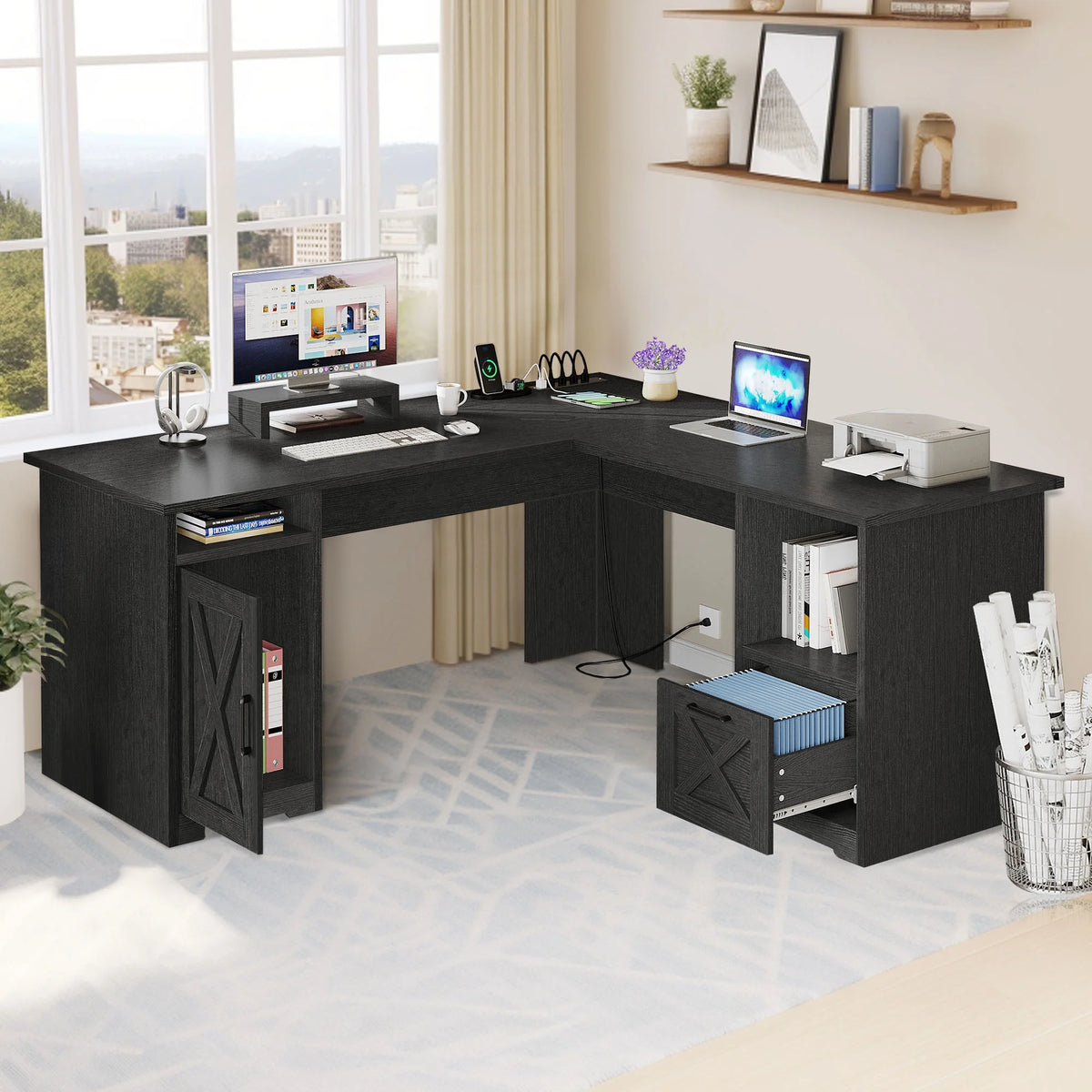 Black L-Shaped Desk with Power Outlet and File Cabinets E418012