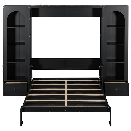 Queen Size Murphy Bed with Sofa, Shelves, USB & Light, Wall Bed and Tall Cabinet with Glass Doors & Wine Rack, White D2996