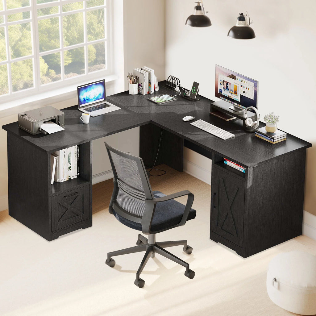 Black L-Shaped Desk with Power Outlet and File Cabinets E418012