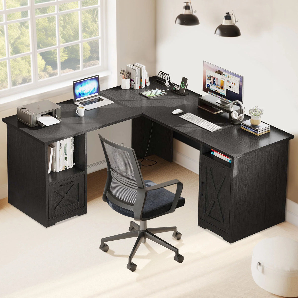 Black L-Shaped Desk with Power Outlet and File Cabinets E418012