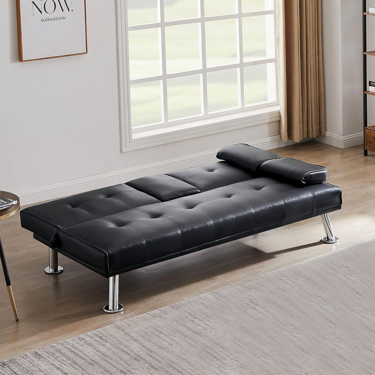Black Faux Leather Loveseat Sofa Bed with Cup Holders X164020