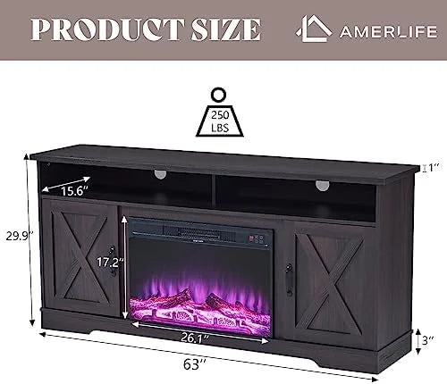 Farmhouse 63" Wood TV Stand with Fireplace M628