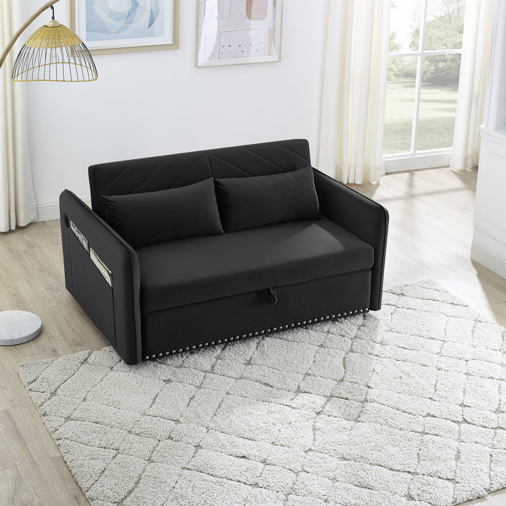 Black Velvet 3 in 1 Sleeper Sofa Couch Bed with 2 USB Ports L86773