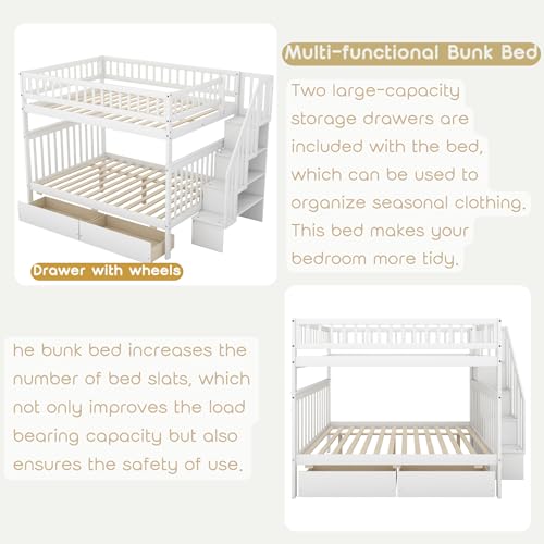 White Full Over Full Wood Bunk Bed with Trundle and Stairs F34548