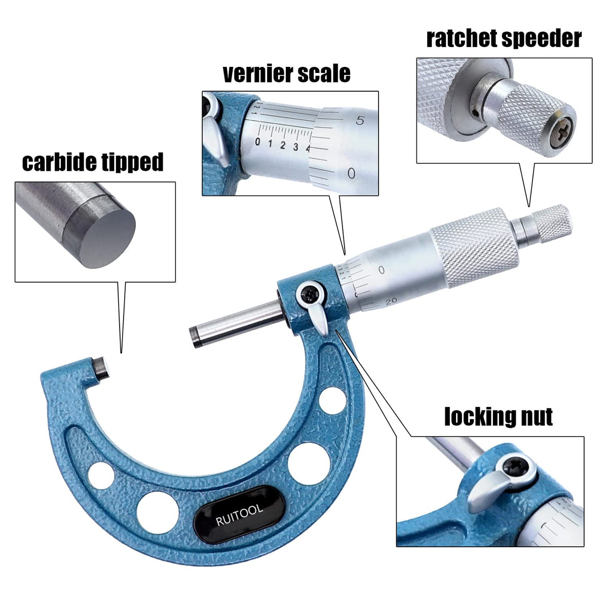 Outside Micrometer Set 0-4inch Range 0.0001" Graduation with Standards, Ratchet Stop, Carbide Heads 4Pcs J4141