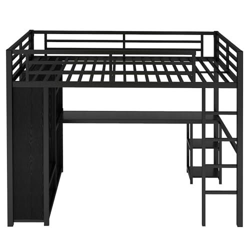 Queen Size Black Metal Loft Bed with Wardrobe and Desk N524