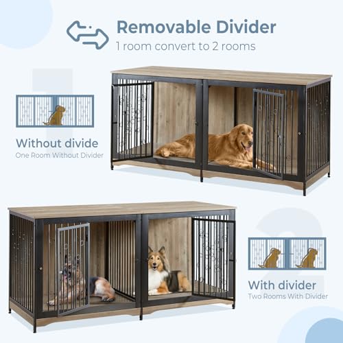71'' Wooden Double Dog Crate Kennel Cage, Brown Y144