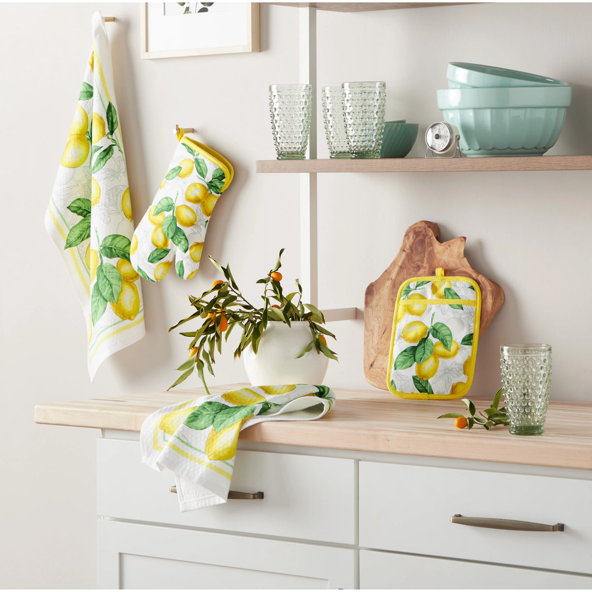 White Yellow Kitchen Towel Oven Mitt Potholder Set 4-Pack M932