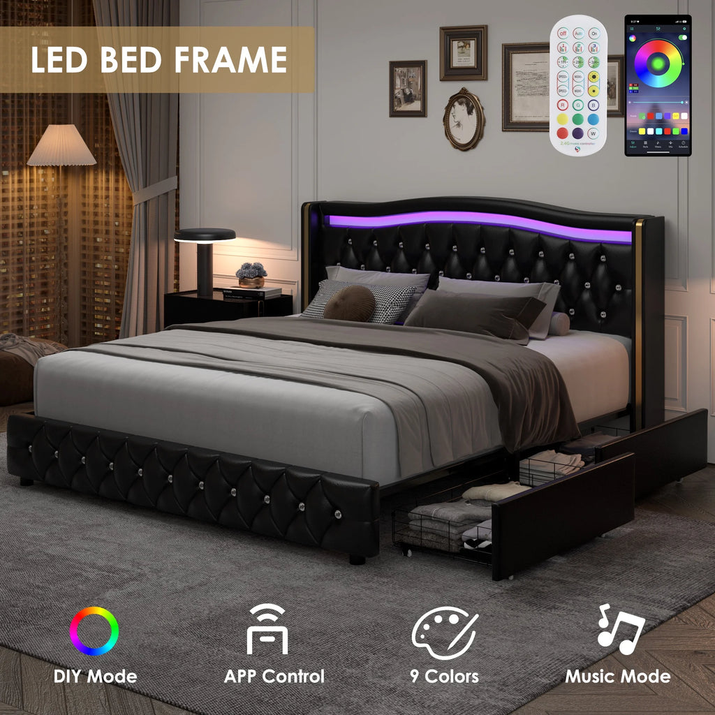 White Queen Size LED Platform Bed with 4 Storage Drawers T46884