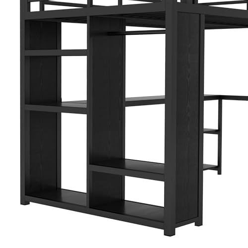 Queen Size Black Metal Loft Bed with Wardrobe and Desk N524