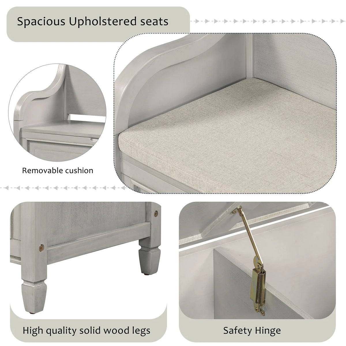 Solid Wood Storage Bench with Removable Cushion K840880
