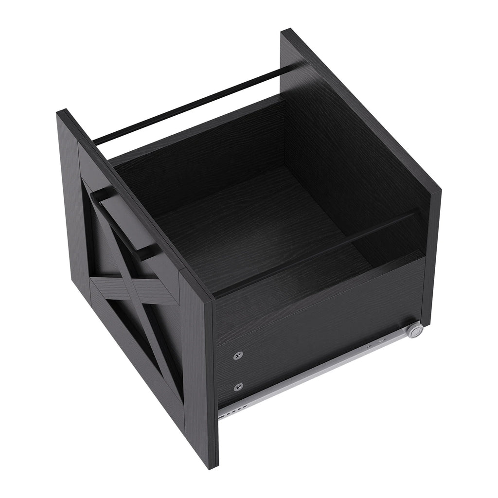 Black L-Shaped Desk with Power Outlet and File Cabinets E418012