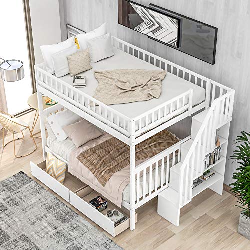 White Full Over Full Wood Bunk Bed with Trundle and Stairs F34548