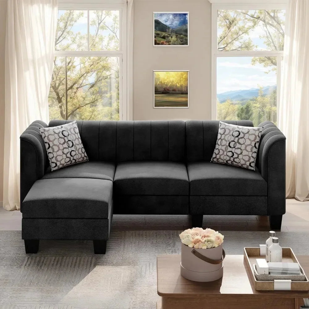 Black Linen L-Shaped Convertible Sofa Bed P648900