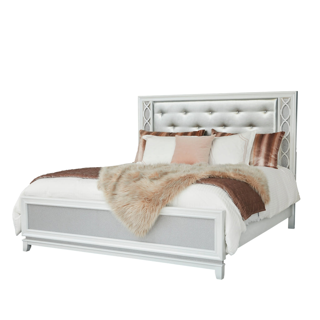 Queen 4-Piece Bedroom Set with LED Lights, Tufted Bed, Dresser, Mirror, and Nightstand in Pearlized White Y60303