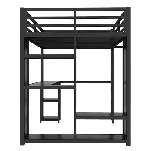Queen Size Black Metal Loft Bed with Wardrobe and Desk N524