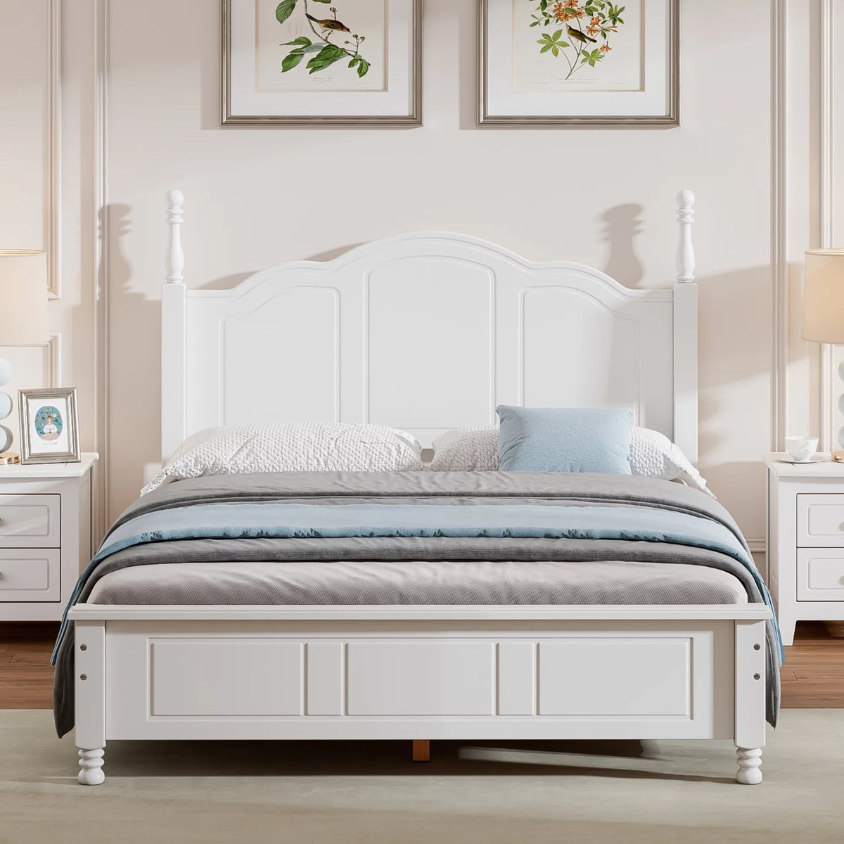 White Wood Full Size Platform Bed Frame with Headboard O2562