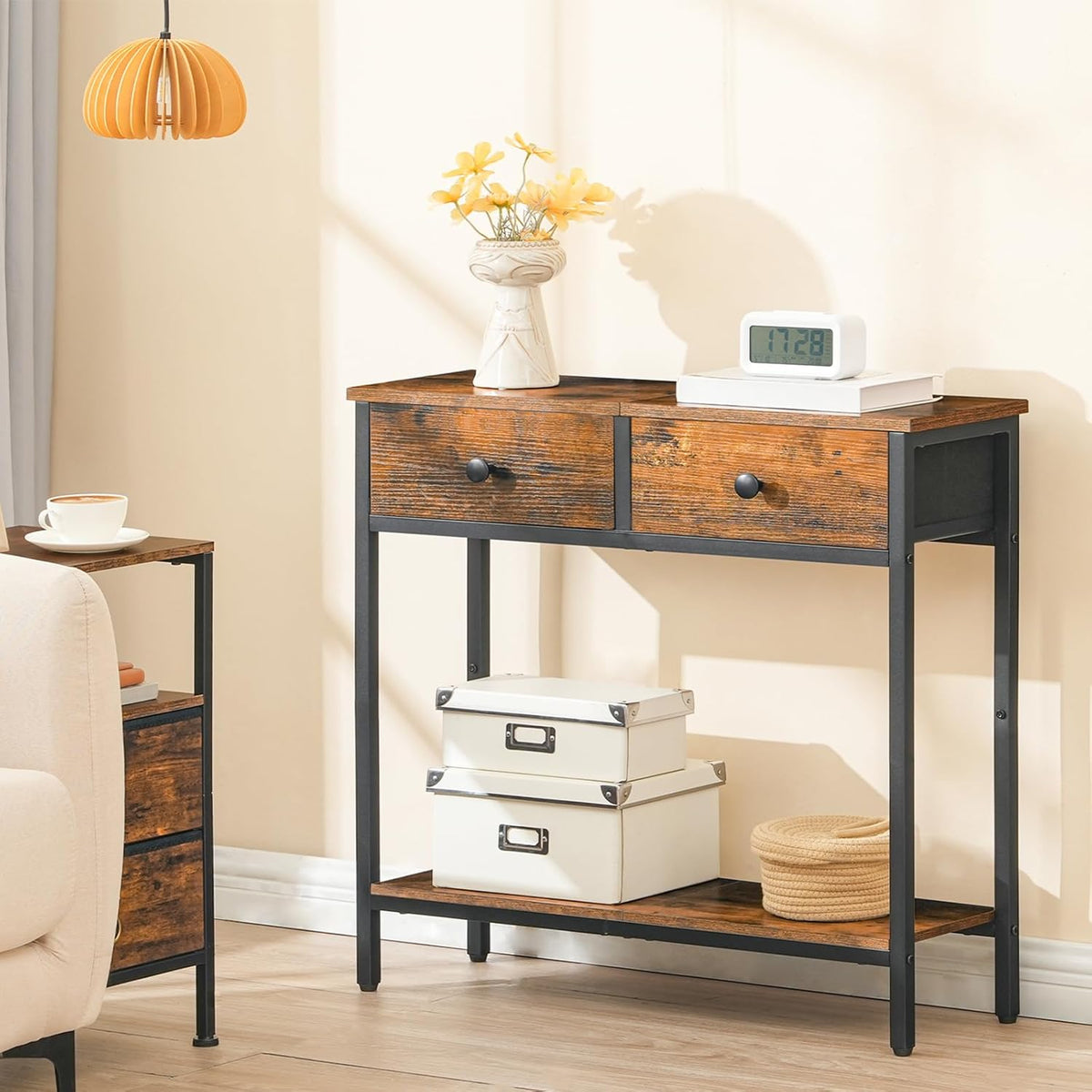 Rustic Brown and Black Narrow Console Table with 2 Fabric Drawers L25570