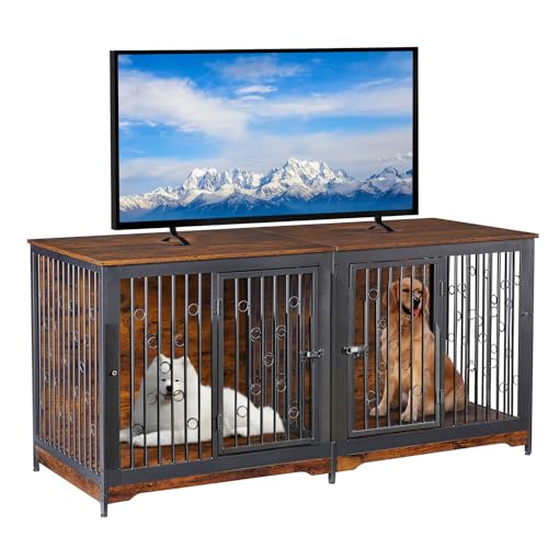 71'' Wooden Double Dog Crate Kennel Cage, Brown Y144