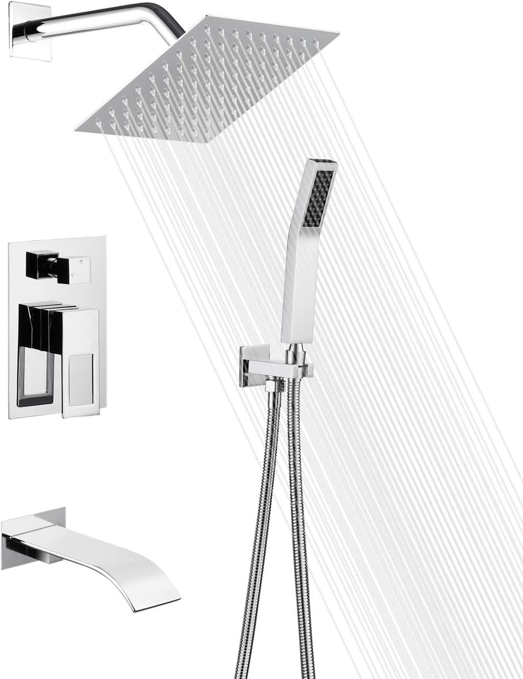 Matte Black Shower Faucet Set with Waterfall Tub Spout and Handheld Shower Head J42634