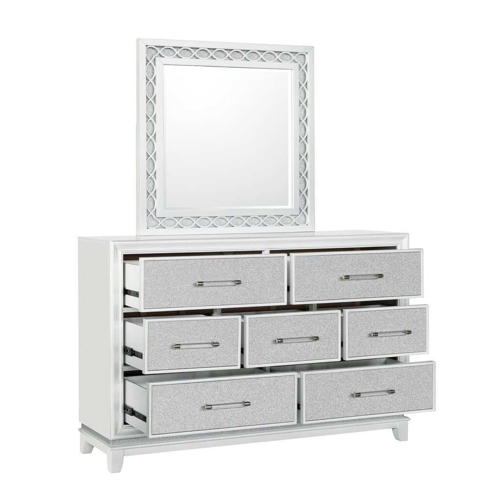 Queen 4-Piece Bedroom Set with LED Lights, Tufted Bed, Dresser, Mirror, and Nightstand in Pearlized White Y60303