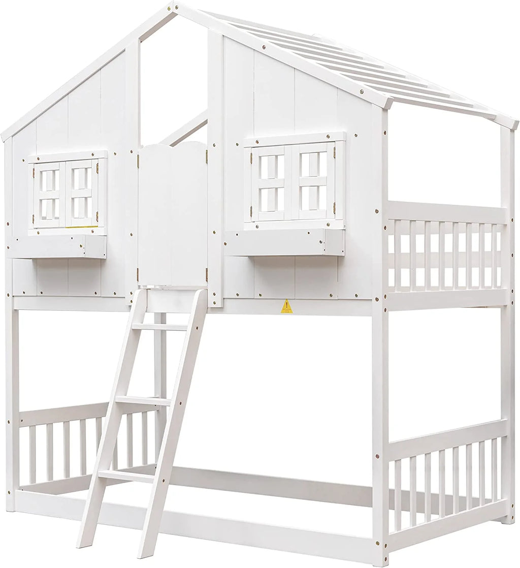 White Wood Frame Kids Bed with Roof and Safety Guardrails Q675