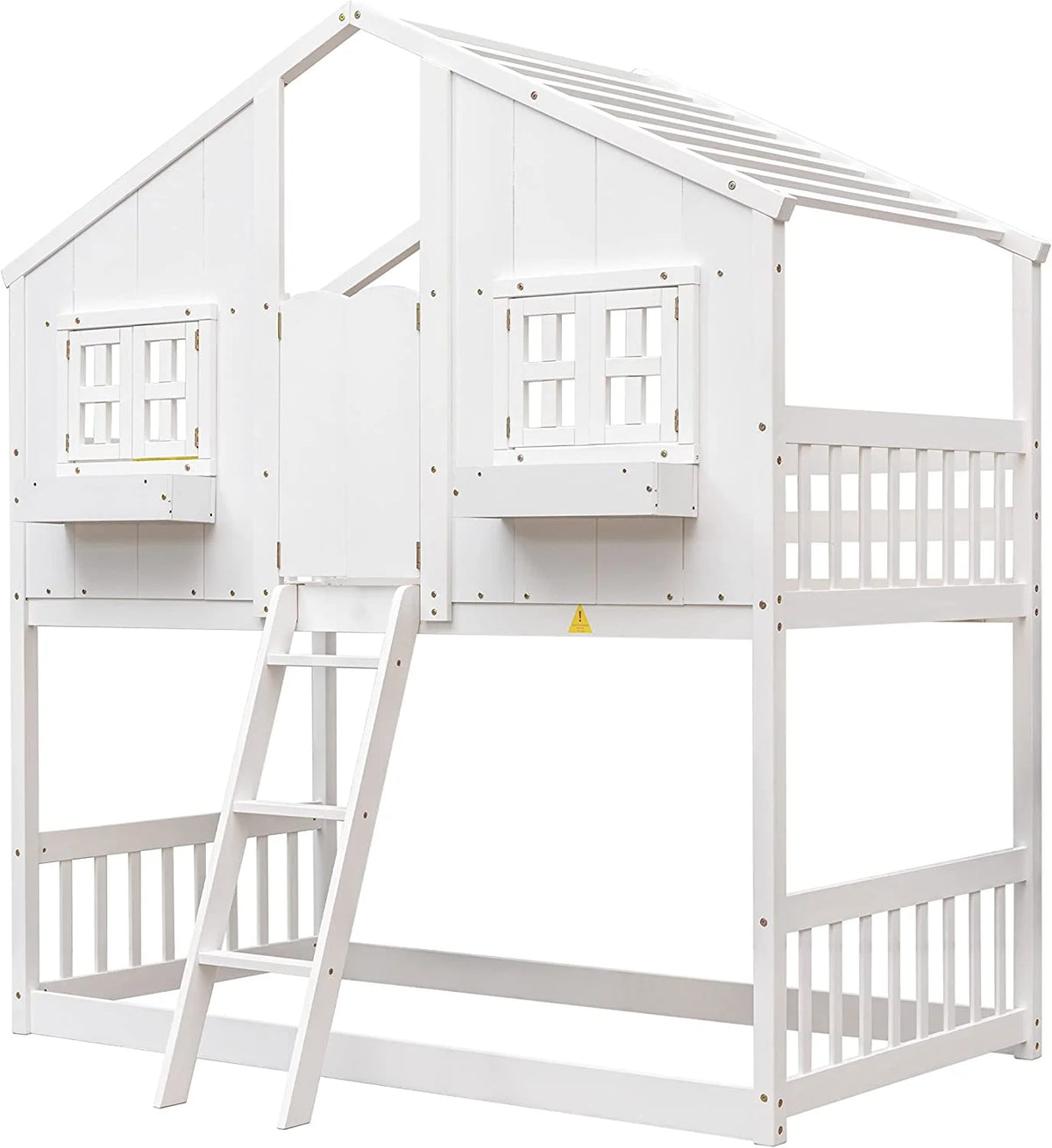 White Wood Frame Kids Bed with Roof and Safety Guardrails Q675