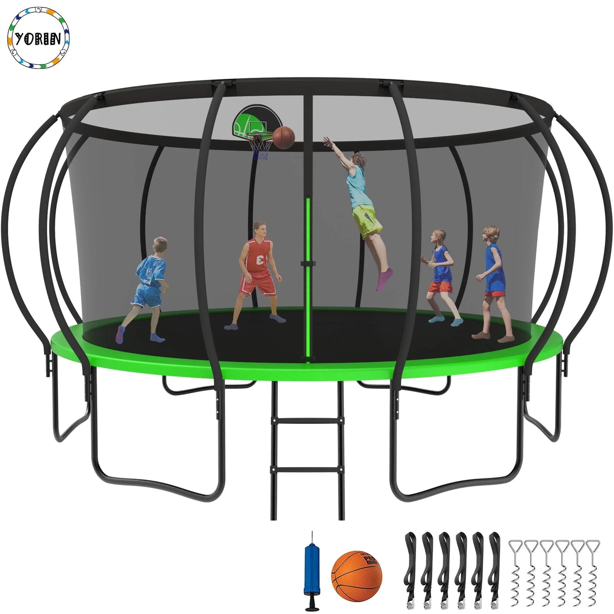 14 FT Trampoline with Enclosure Net, Basketball Hoop, Ladder J871370
