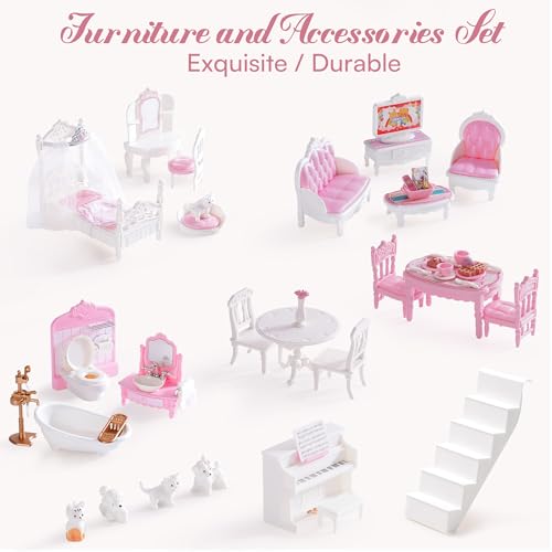 Wooden Dollhouse Playset with 24 Pcs Furniture W360550