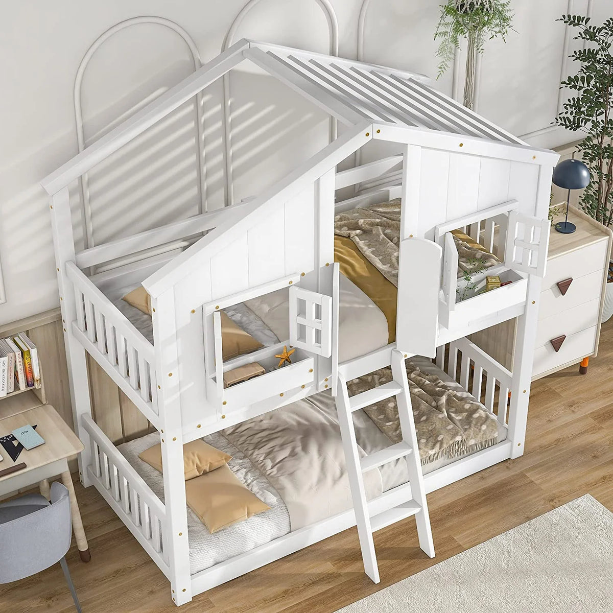White Wood Frame Kids Bed with Roof and Safety Guardrails Q675