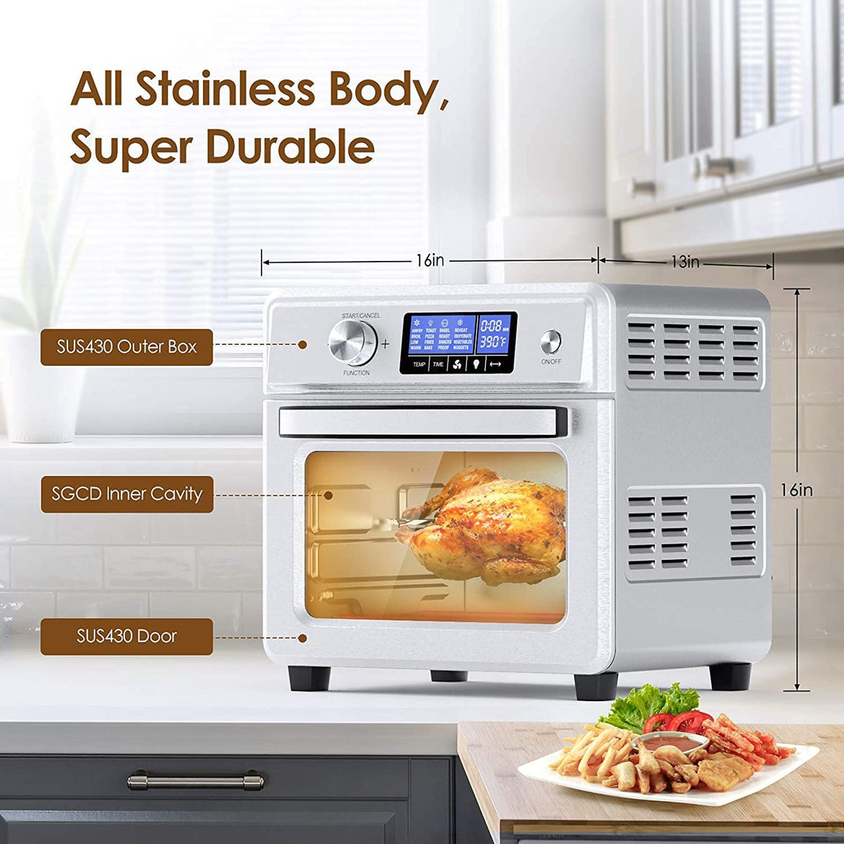 16-in-1 Stainless Steel Air Fryer Toaster Oven Combo with Digital Temperature Control, 9 Accessories & Cookbook Z477