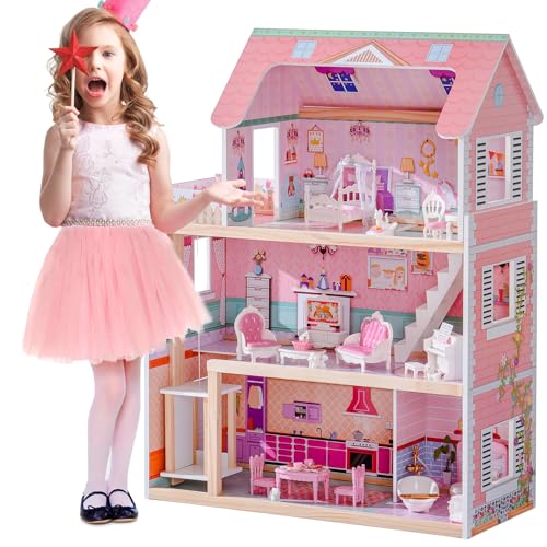 Wooden Dollhouse Playset with 24 Pcs Furniture W360550