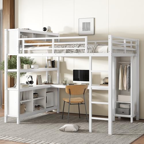 Queen Size Black Metal Loft Bed with Wardrobe and Desk N524