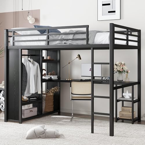 Queen Size Black Metal Loft Bed with Wardrobe and Desk N524