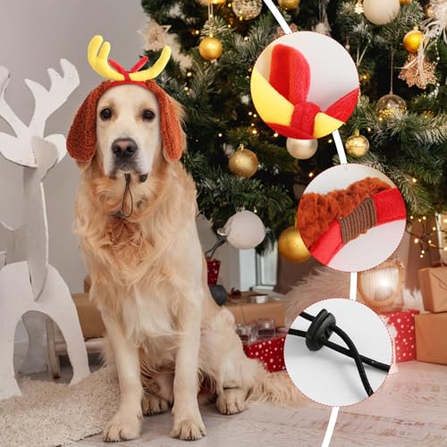 Christmas Deer Antler Dog Costume Reindeer Ears Headband Red Collar T2371