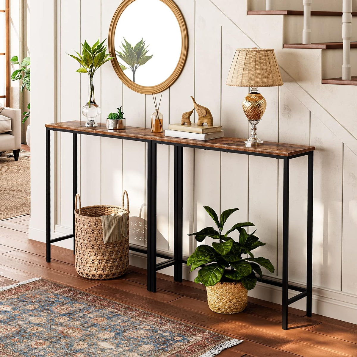 Rustic Brown and Black Narrow Console Table with 2 Fabric Drawers L25570