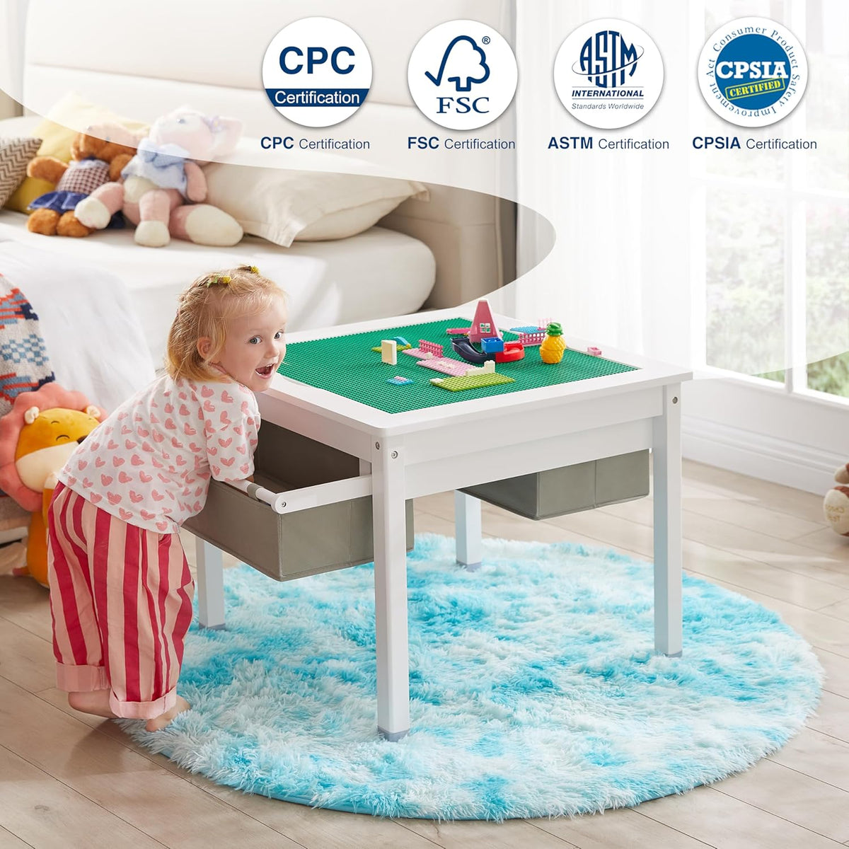 White Wooden Kids Table with Storage Drawers N142